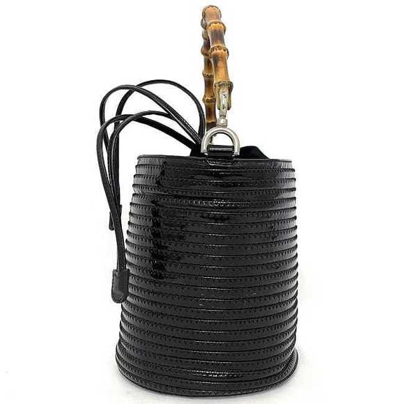 Gucci Bamboo Drawstring Handbag Patent Leather Suede Black Beige - Picture 2 of 10